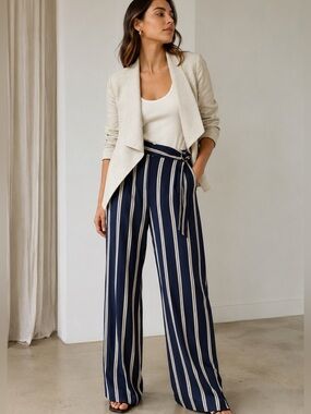 Silk Navy and Cream Vertical Stripe Dress Pants